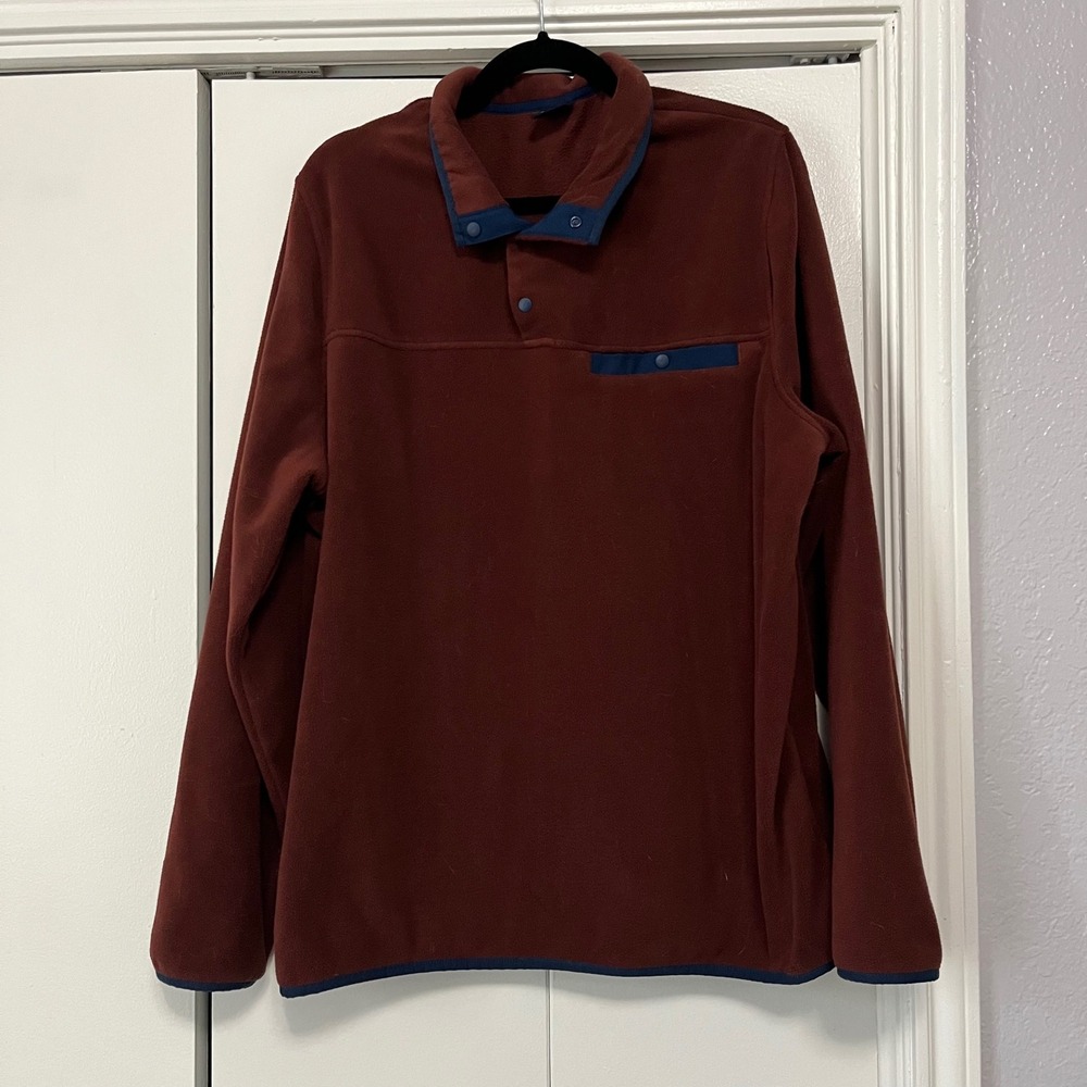 Mens‎ Fleece Pullover Burgundy Red Snap Button Mock Neck Long Sleeve Casual